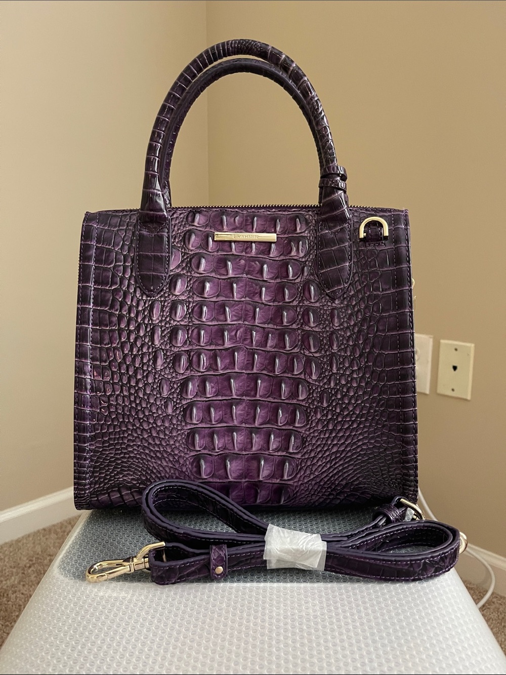 Brahmin Purple Croc-Embossed Leather Satchel with Gold Charm - Picture 2 of 8